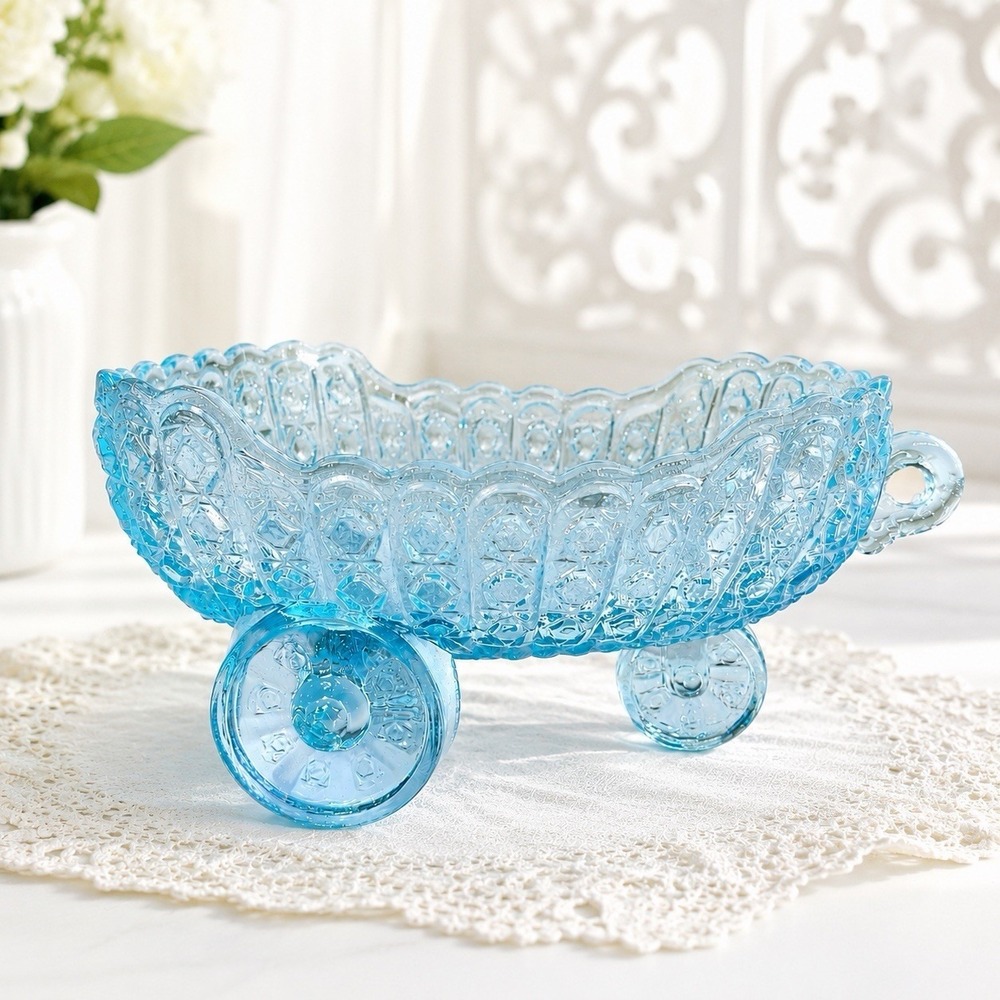 VTG McKee Aqua Glass Baby Carriage Coach Bowl Daisy & Button Candy Dish EAPG